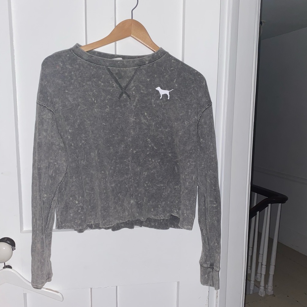 PINK Acid Wash Grey Cropped Waffle Long Sleeve